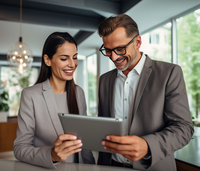 Business couple looking at tablet